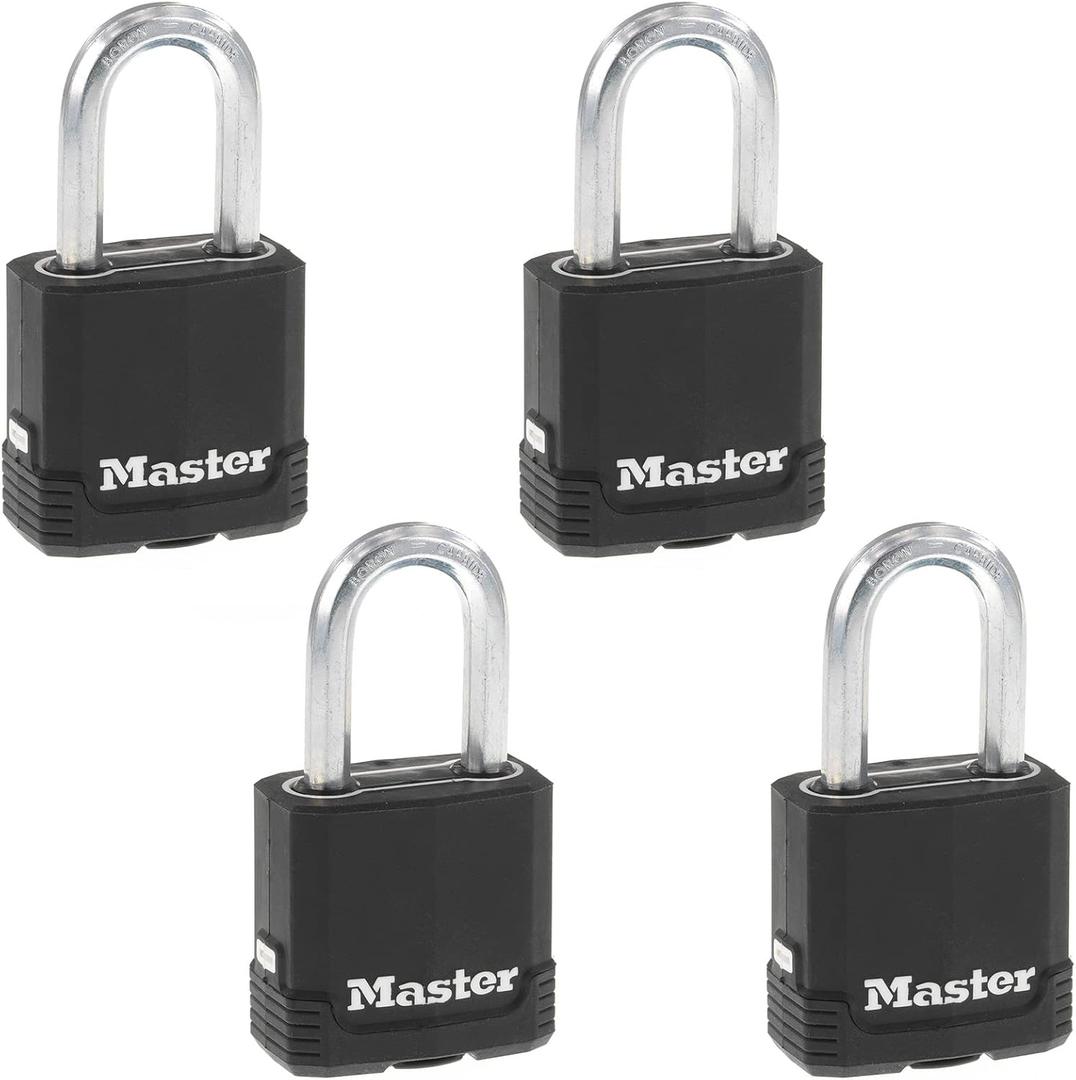 Master Lock Black Key Lock, Heavy Duty Weather Resistant Padlock with Cover, Keyed Alike Padlocks for Outdoor Use, 4 Pack, M115XQLF
