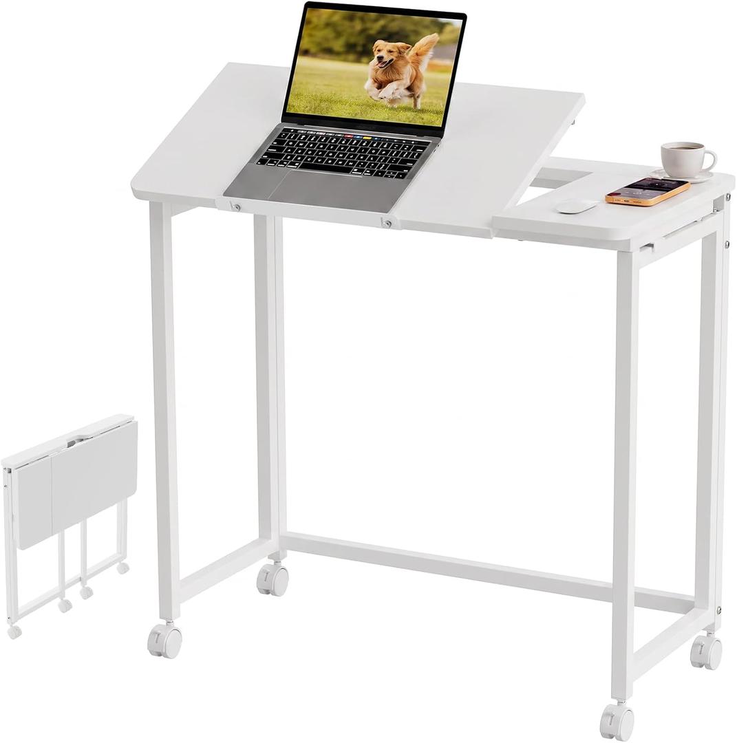 GreenForest Small Folding Desk with Wheels, 31.5 inch Tiltable Tabletop