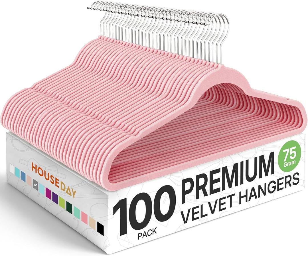HOUSE DAY Premium Velvet Hangers 100 Pack Light Pink, Non-Slip Flocked Felt Hangers, Sturdy Clothes Hanger with 360 Rotatable Hook, Heavy Duty Durable Slim Coat Hanger for Closet Space Saving