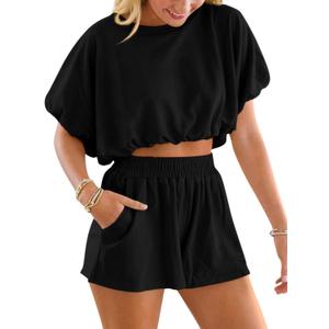 Womens 2 Piece Shorts Sets Summer Bubble Crop Tops Casual Loose Lounge Set 2026 Travel Outfits (Medium, Black)
