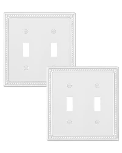 TREEWELL 2-Pack Double Toggle Light Switch Cover Plate, Pearls Decorative Dual Switch Plate Covers, Pure White 2 Gang Metal Wall Plate, Corrosion Resistant
