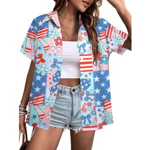 QLIPIN Hawaiian Shirt for Women Floral Tropical Button Down Shirts Summer Beach Blouse Hawaii Button Up Short Sleeve Top (XL)