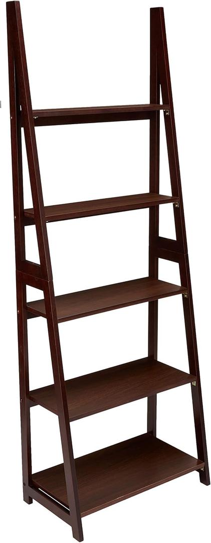Amazon Basics 5-Tier Ladder Bookshelf Storage Organizer, Tall Bookcase for Small Space, Solid Rubberwood Frame, Modern Display Shelf, Espresso Finish, 14" D x 24.8" W x 70.1" H