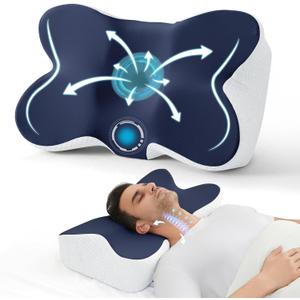 JOLLYVOGUE Cervical Neck Pillow for Pain Relief Memory Foam Side Sleeper Pillow with Cooling Pillowcase, Ergonomic Design for Back Stomach Sleepers, Medium, Dark Blue