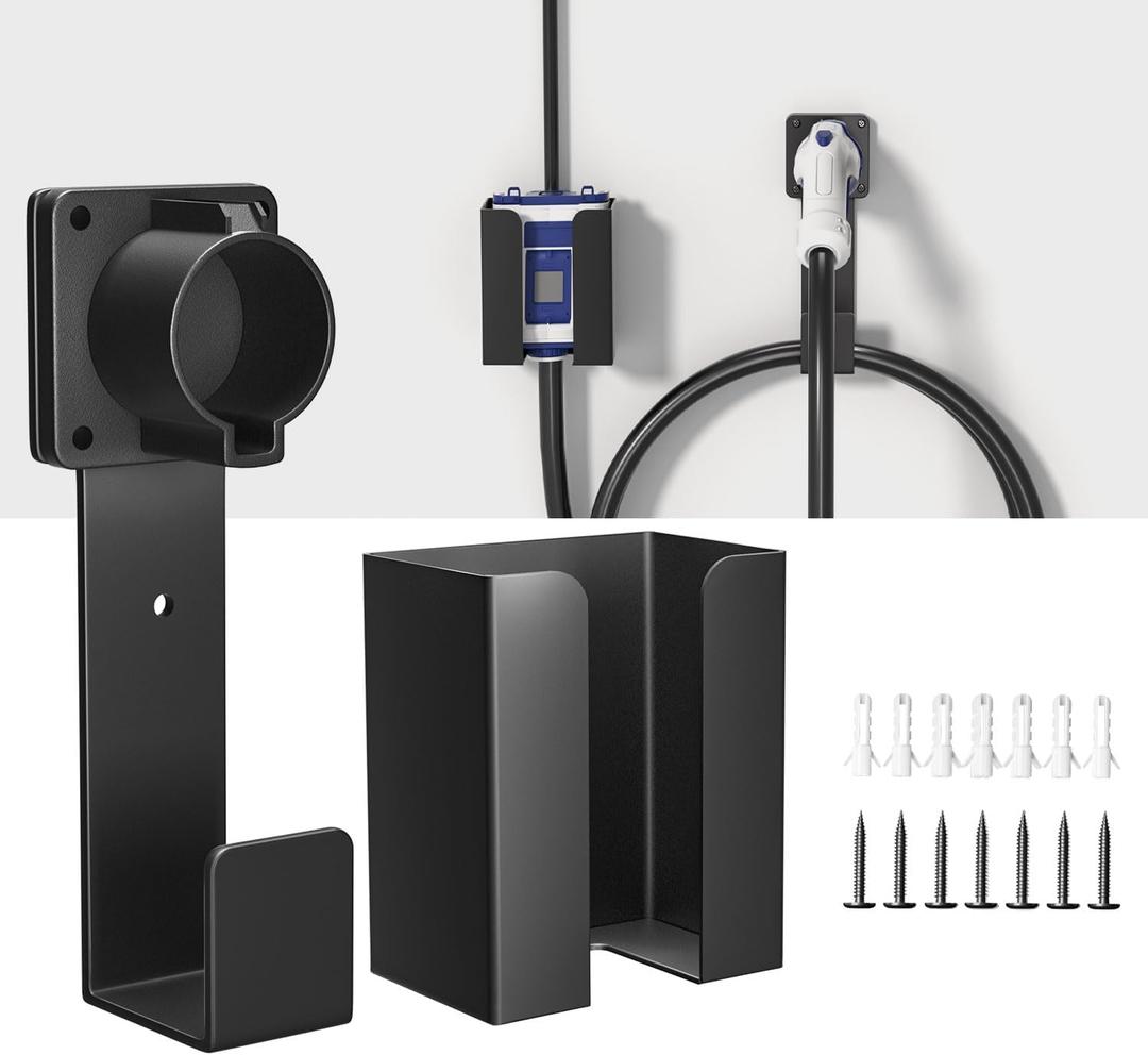 EV Charger Holder with Box - Wall Mount Nozzle Holster Dock with J-Hook - Heavy Duty Charging Box Holder and Cable Organizer for J1772.