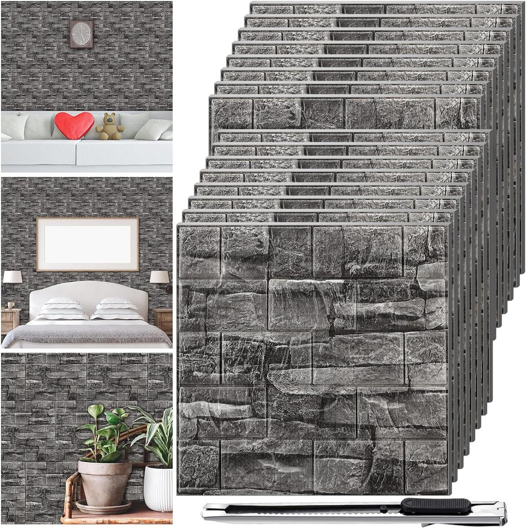 Colarr 60 Pcs 28. 8 Sq ft 3D Wall Panels Peel and Stick Faux Foam 3D Brick Wallpaper Faux Paneling Adhesive Wall Covering Panels Decorative Medieval Tiles Waterproof for Bedroom(Black Stone Color)