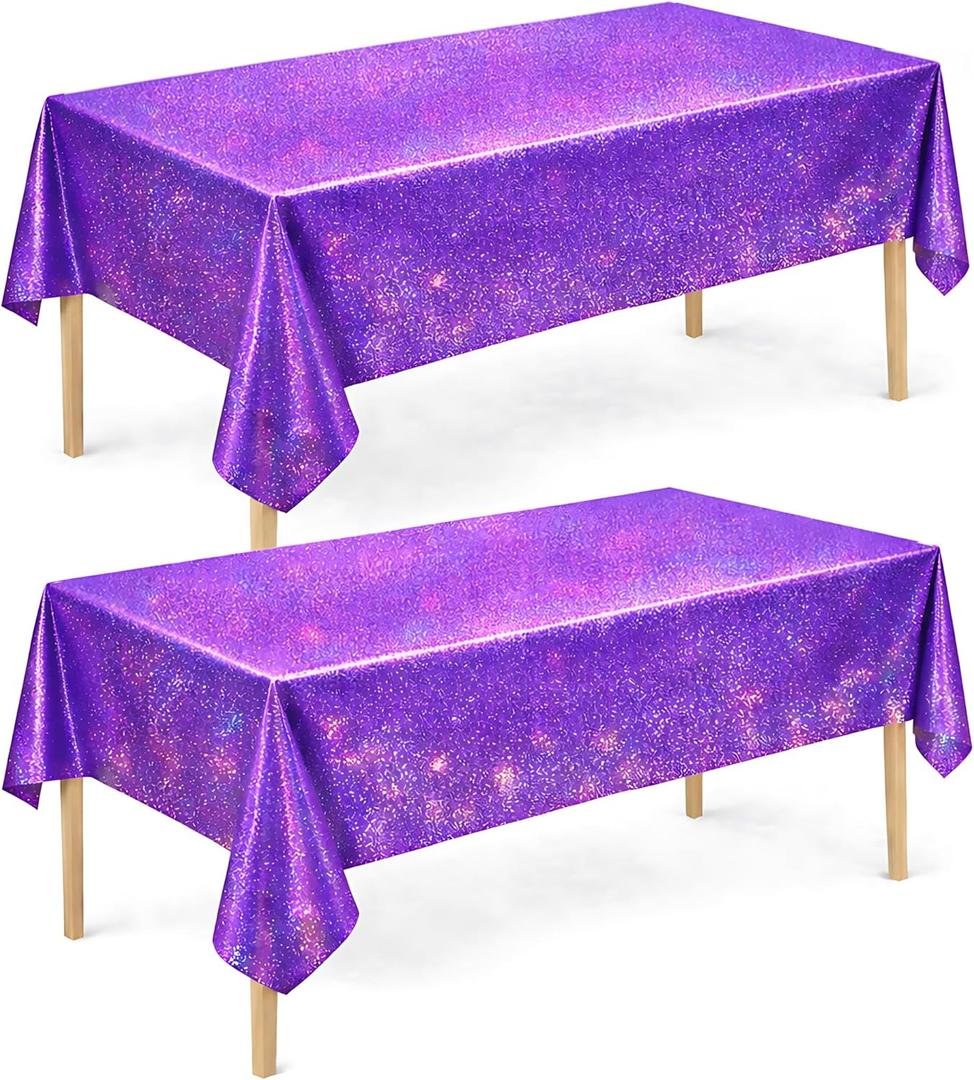 Purple Birthday Decorations - 2 Pack Laser Purple Tablecloth for K‑Style Demon Music Theme Birthday Decorations - Pink Party Decor for Korean Pop,Iridescent Party Decorations for Bachelorette Bridal
