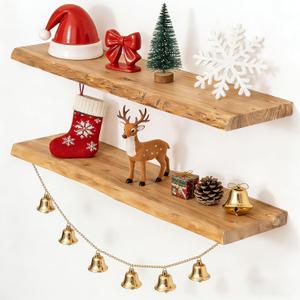 Fun Memories Floating Shelves for Wall Decor, Rustic Solid Elm Wood Live Edge Floating Shelves Wall Mounted, Heavy-Duty Shelf with Invisible Bracket for Living Room Kitchen, 36 Inch Set of 2, Natural