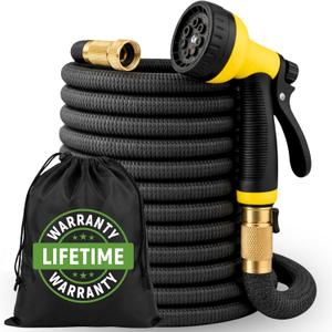 XpandaHose 100ft Expandable Garden Hose, Lightweight, Brass Connectors | Ultra Strong 3750D fabric, 4-layer latex core, expands 3X, kink & leak-resistant, 10-pattern nozzle, storage bag