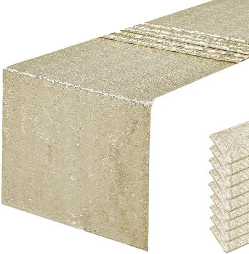 10 Packs 12 x 108 inches Champagne Gold Sequin Table Runner, Glitter Champagne Table Runner for Wedding Birthday Bachelorette Holiday Party Supplies Decorations Bridal Shower Baby Shower