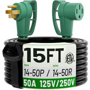POWGRN NEMA 14-50P to NEMA 14-50R 50 Amp RV/EV Extension Cord 15 FT Outdoor with Grip Handle, Flexible Heavy Duty RV Power Cord Waterproof, 50A 125/250V 6250/12500W STW, Black-Green, ETL Listed