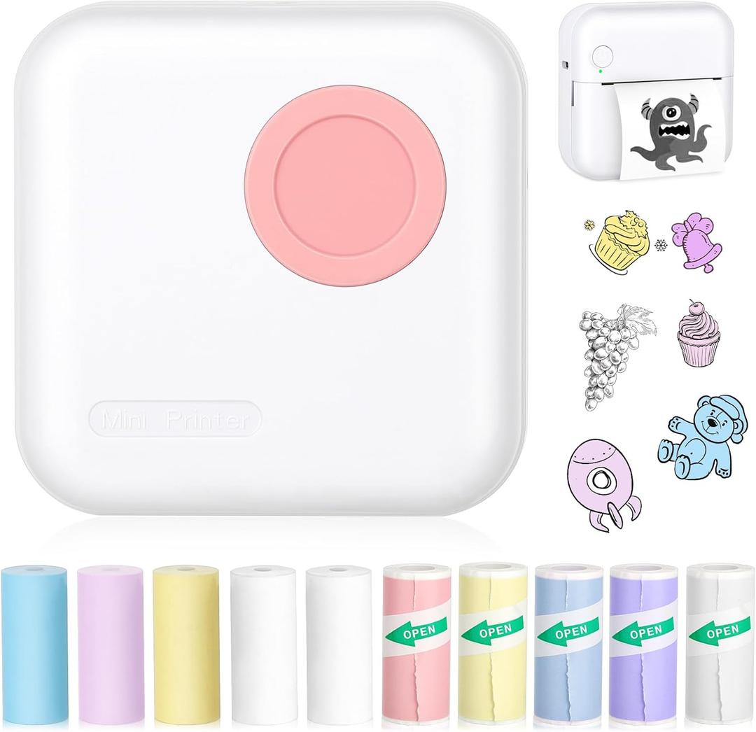 Mini Pocket Bluetooth Printer-Portable Thermal Printer with 10 Roll Papers for Journal/DIY Scrapbook/Travel/Notes/Lists/Label/Memo, Receipt Printer for Children Women Gifts Kids Christmas (M2-Pink)