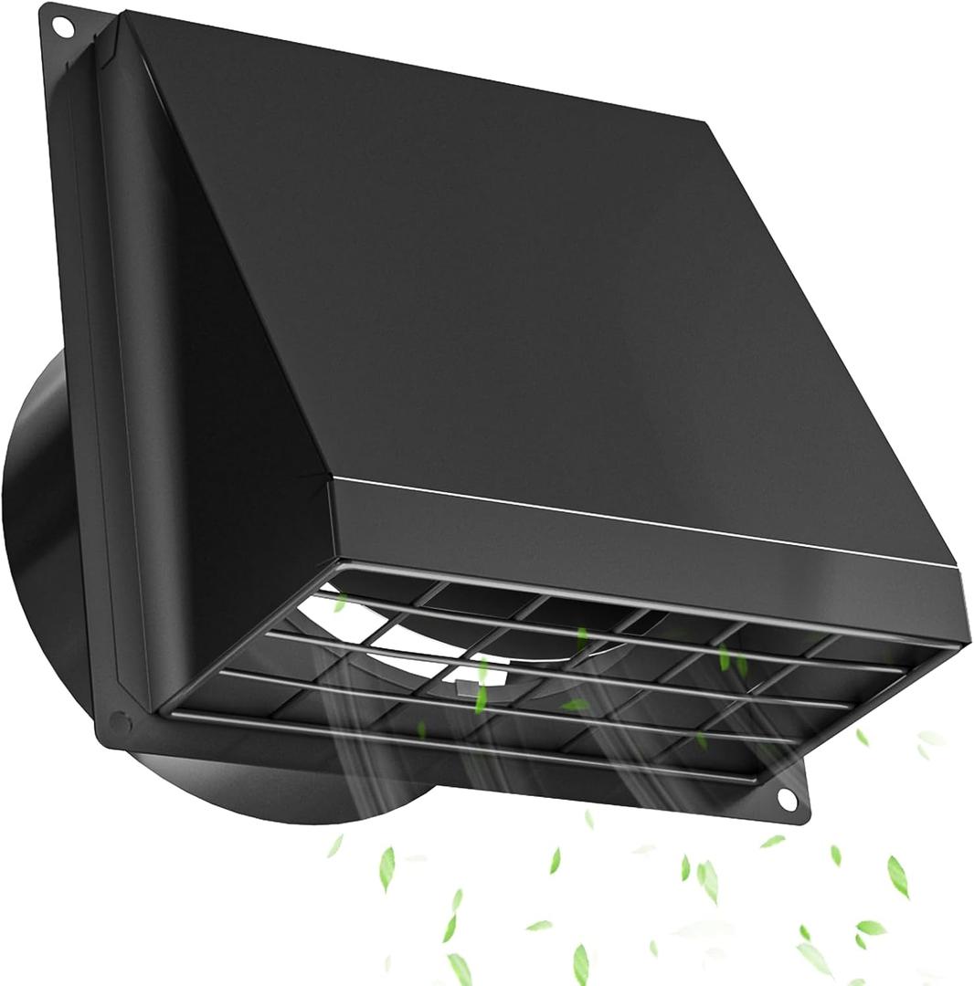 Hon&Guan Dryer Vent Cover Outside with Removable Mesh, Wall Mount Extractor Vent with Rubber Cushioned Non-Return Flap, High Quality Iron Outside Dryer Vent Cover for House (Black, 6 Inch)