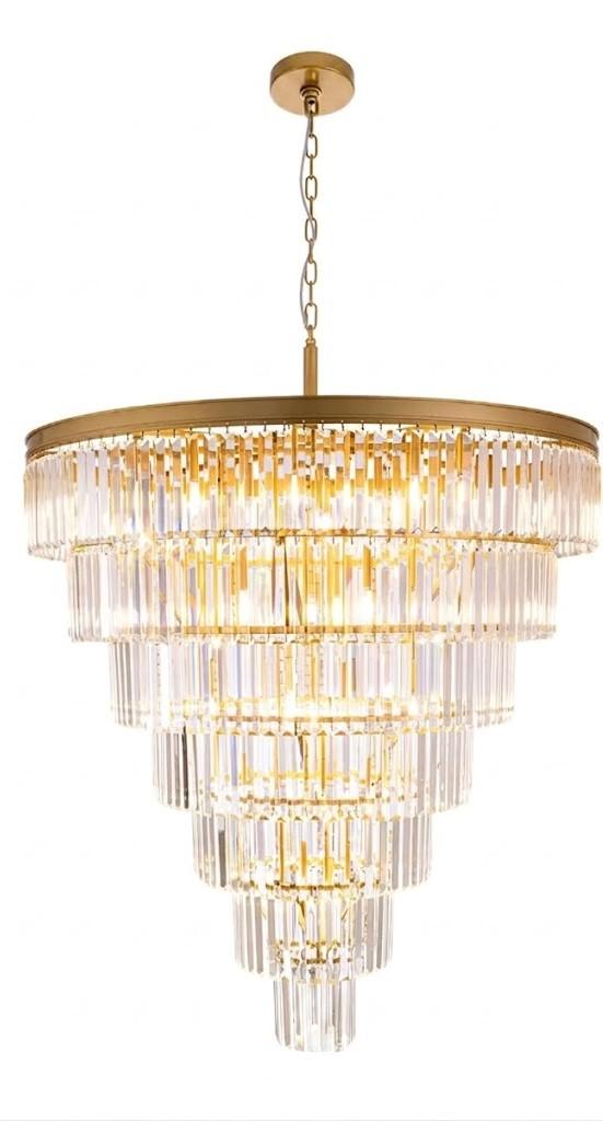 TOCHIC Large Crystal Chandelier for High Ceiling, 40-inch 7-Tier Modern Gold Crystal Chandeliers Lighting Fixture, Raindrop K9 Round Light for Entryway Staircase Foyer Living Bedroom Dining Room