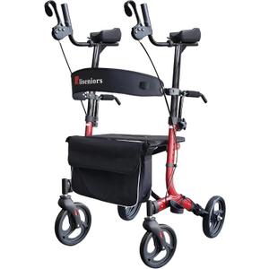 Aliseniors Upright Walker, Stand Up Rollator Walker with Seat, Foldable 4 Wheel Rolling Walker, Medical Aluminum Walkers for Seniors, Adjustable Padded Armrests, 8" Wheels, Supports 300lbs, Red