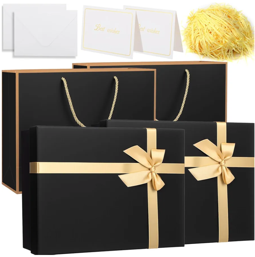 AmazingSpark 2 Sets Gift Box 11.4x8.6x4.1 Inches, Large Black Gift Boxes for Presents with Gift Bag, Ribbons, Card, Shredded Paper Filler, for Wedding, Birthdays, Mother's Day Gift Packaging