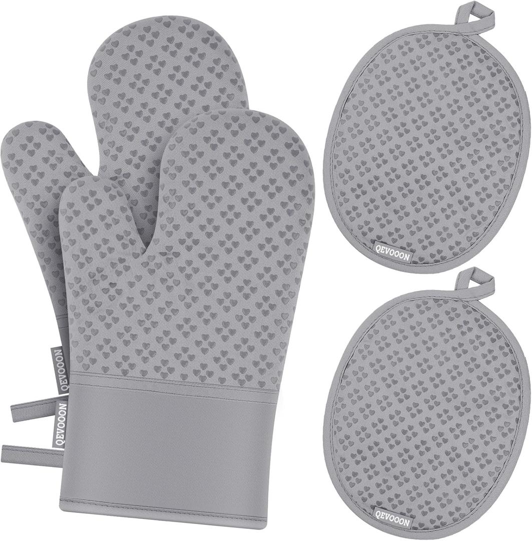 Oven Mitts and Pot Holders 4 Sets, Heat Resistant 500 Oven Mitt and Pot Holder,Oven Glove&Potholders with Non-Slip Silicone Surface,Kitchen Essentials for Cooking/Baking/BBQ-Grey