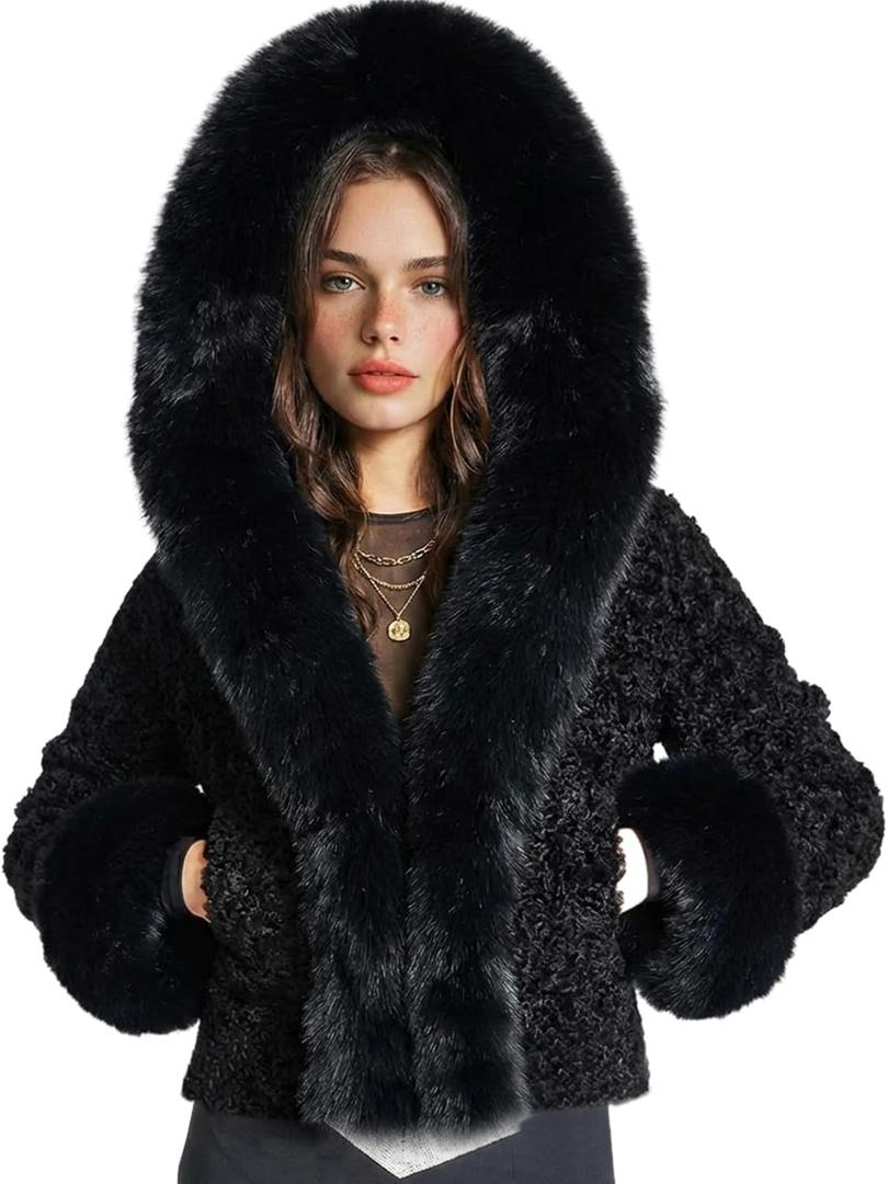 Wyeysyt Women's Faux Fur Coats with Hood Winter Warm Cropped Hoodie Jacket Long Sleeve Thick Short Outerwear with Pockets (Black, M)