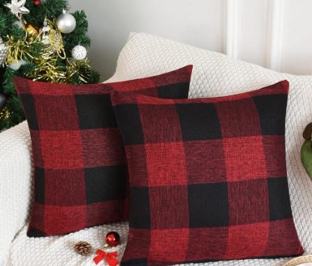 Tosewever Set of 4 Christmas Buffalo Check Plaid Pillow Covers, 18 x 18 inches Red and Black Farmhouse Pillow Cases, Cotton Linen Throw Pillow Covers Cushion Case for Home Decor Car Bed Sofa Couch