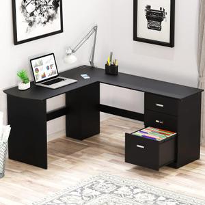 SHW 51 x 59 Inches L-Shaped Home Office Wood Corner Desk with Box Box File Drawers, Black