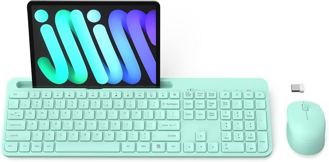 Mouse Keyboard Combo Wireless 2.4GHz Lag-Free Quiet Silent Mouse & Keyboard Set Cordless with Comfortable Round Key, Phone Holder,12 Multimedia&Shortcut for Computer, Laptop Mint Green
