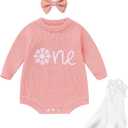 IMEKIS Baby Girls 1st Birthday Outfit Fall Winter One Embroidery Sweater Romper Socks Set Cake Smash Photo Shoot (12-18 Months, Pink Snowflake One)
