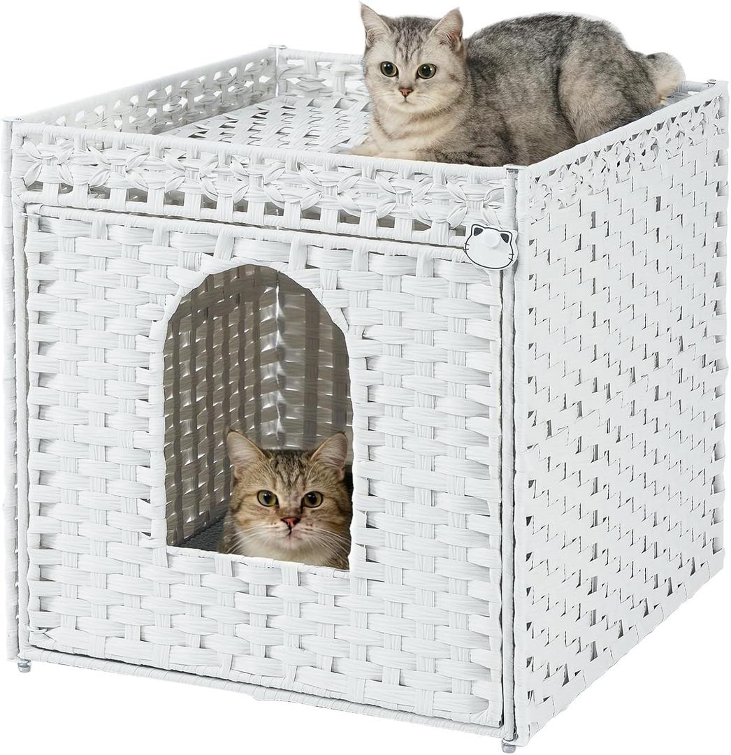 SETVSON Cat Litter Box Enclosure Furniture, Large PE Rattan, White | Large PE Rattan Kitty House fits Large Litter Boxes, Top Fence, Included Litter Mat, 2 S-Hooks, Sturdy Metal Frame