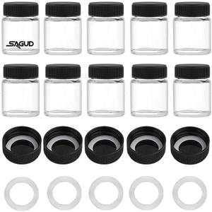 SAGUD 10pcs Airbrush Bottles 3/4oz 22cc with Plastic Lids Kit and Extra 5pcs Lids 5pcs O-Ring, Air brush Paint Storage Jars Store Pigments Color Inks (SD-01-10)