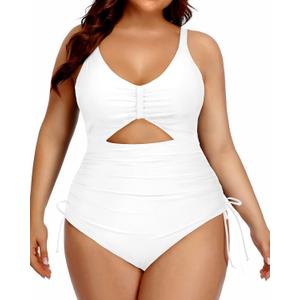 Yonique Women Plus Size One Piece Swimsuits Tummy Control Bathing Suits Vintage Swimwear (White)