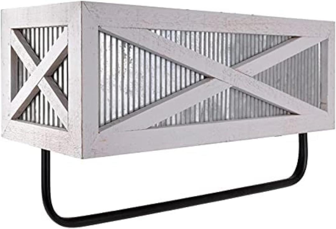 Autumn Alley Farmhouse Rustic Towel Rack Shelf Holder - Wood Towel Rack Basket Storage - Farmhouse Towel Holder for Rustic Bathroom and Farmhouse Kitchen Dcor - Wall Mounted, Galvanized, Rustic White