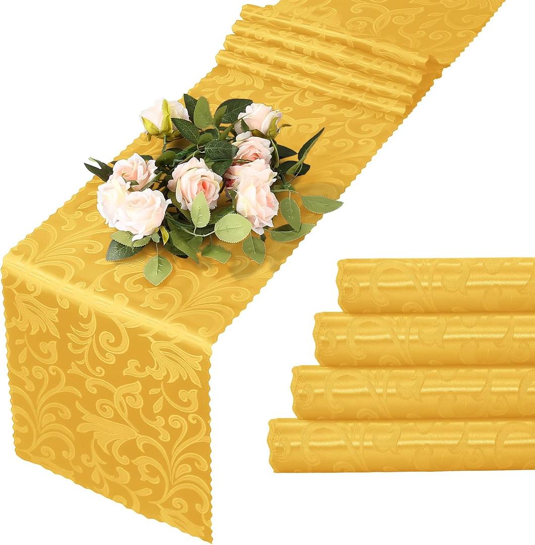 MILVOWOC 4 Pack Gold Satin Table Runner, 12 x 72 Inch Jacquard Damask Table Runner Rectangle Bright Silky Decorative Table Runner for Party Banquet Birthday Dinner Wedding Table Decor