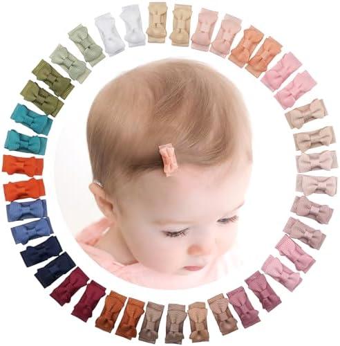 CÉLLOT 40pcs Mini 1.2" Grosgrain Ribbon Snap Clips - Tiny Fine Thin Hair Bows in Pairs for Baby Girls, Toddlers, and Infants