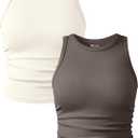 OQQ Women's 2 Piece Tank Tops Crew Neck Sleeveless Basic Stretch Casusal Yoga Crop Camis (Medium, Tea Leaf,beige)