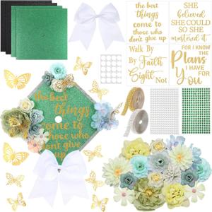 Gersoniel 42 Pcs DIY Graduation Cap Decorations Kit Include Faux Flower Heads Graduation Quote Glitter Sticker Bow 3D Butterfly Rhinestone Pearl Stickers for Grad Cap Topper Decor(Green)