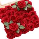 DerBlue 60pcs Artificial Roses Flowers with stem and 10pcs Green Leaves Real Looking Fake Roses Artificial Foam Roses Decoration DIY for Wedding,Arrangements Party Home Decorations
