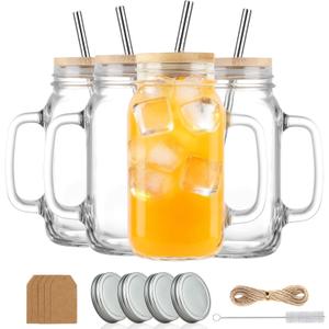 24 oz Mason Jar Cups with Handles, Wide Mouth Iced Coffee Cup with Bamboo Lids & Straws, Large Glass Bottle Mug Drinking Jars Tumbler for Smoothie Cold Water Juice Party Beverages, Set of 4