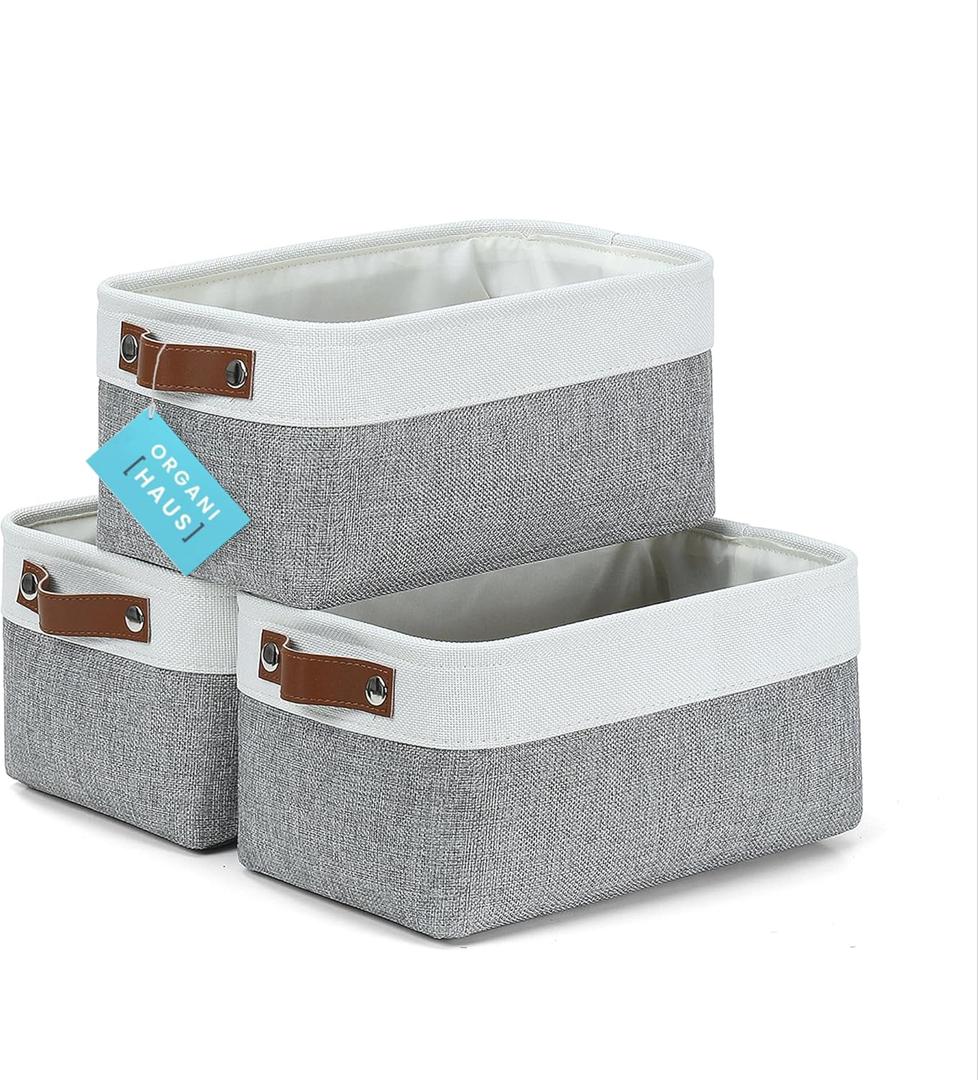 OrganiHaus Small Fabric Storage Baskets for Shelves 3 Pack, 12x08in Closet Storage Bins for Shelves, Canvas Baskets for Organizing, Linen Closet Organizers, Cloth Basket, Gray/Off-White