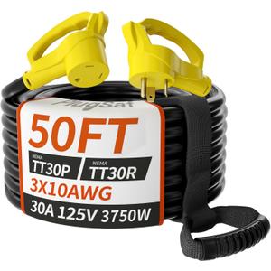 50 FT 30 Amp RV Extension Cord Outdoor with Grip Handle, Flexible Heavy Duty 10/3 Gauge STW RV Power Cord Waterproof with Cord Organizer, NEMA TT-30P to TT-30R, Black-Yellow, ETL Listed