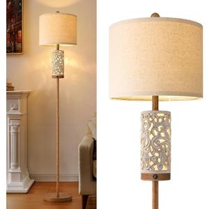 OYEARS 65" Floor Lamp with Night Light,Farmhouse Floor Lamps for Bedroom,Tall Floor Lamp for Living Room,Vintage Standing Lamps with Linen Shade,Modern Reading Lamp for Home Decor(Bulbs Included) (Brown -)