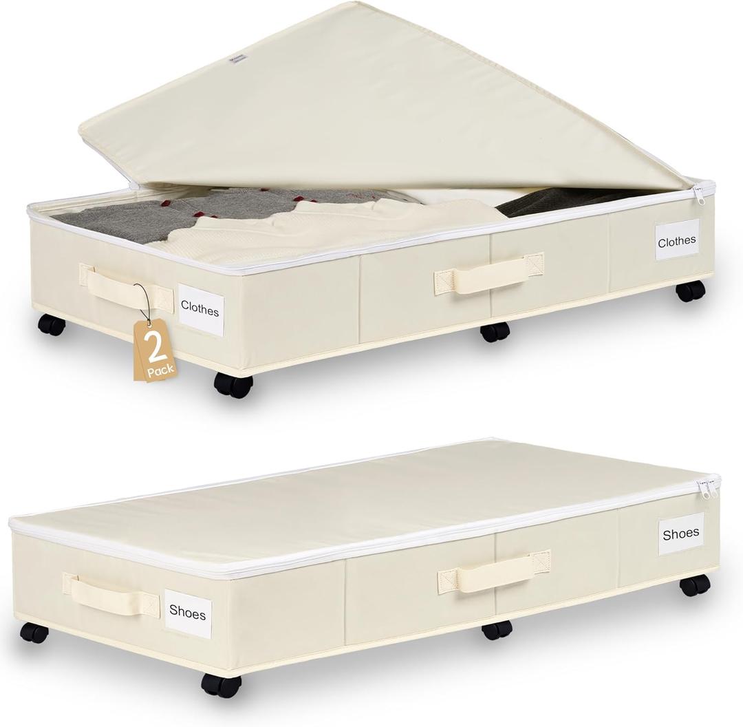 Vincona Under Bed Storage with Wheels, 2 Pack Under Bed Storage Containers with Label Holders for Clothes, Shoes and Blankets, Rolling Underbed Shoe Organizer with Cover, Beige (35.43x15.7x7.28 in)