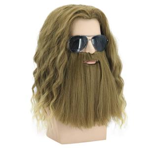 Beard Wig Men Long Curly Wig Golden Brown Wig with Beard Men's Halloween Costume Accessory Cosplay Party Wig (Golden Brown)