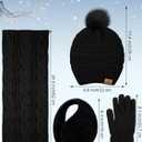 URATOT Winter Warm Sets Knitted Scarf Beanie Pompom Hat Touch Screen Gloves and Winter Ear Warmer Set for Men or Women (Black)