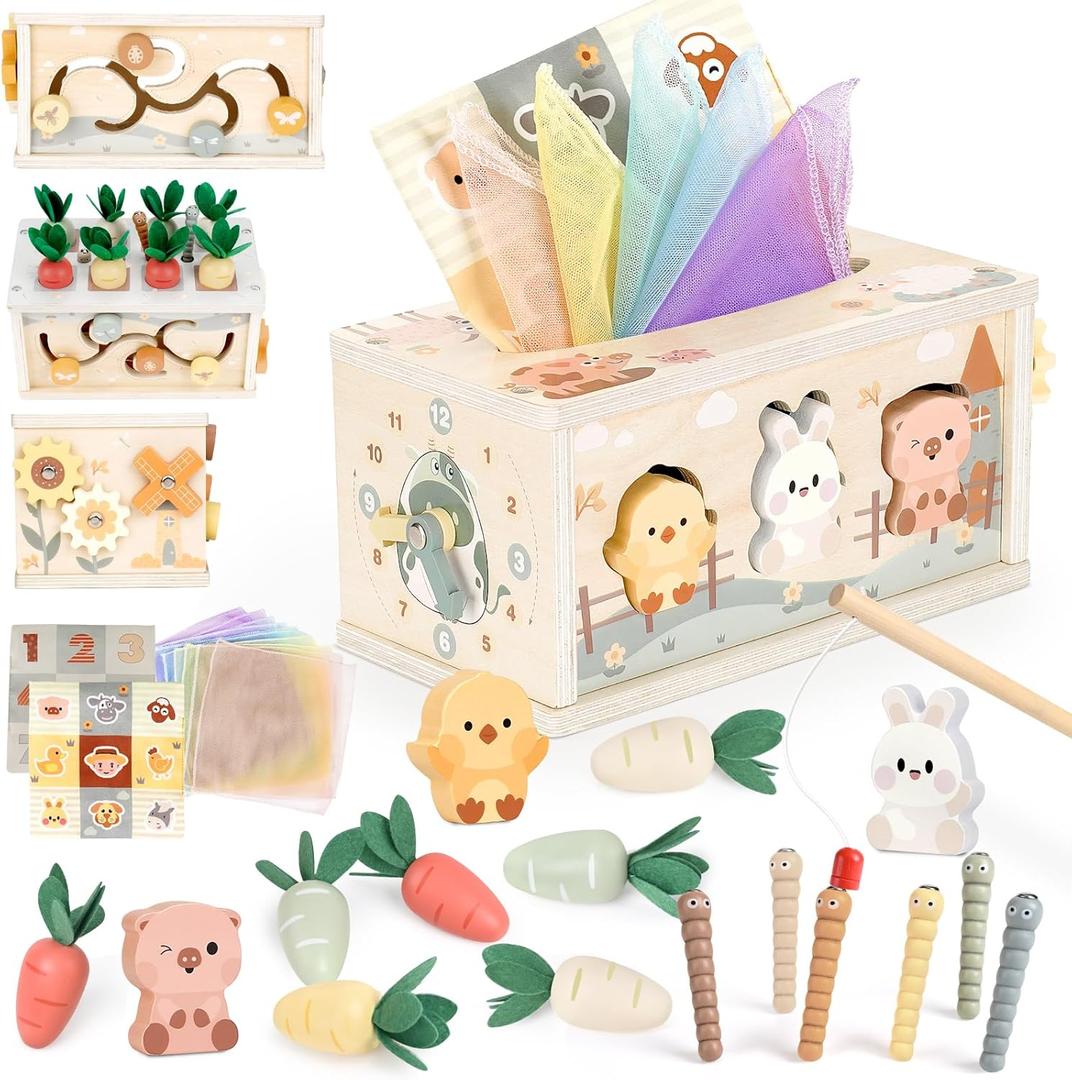 Joyreal 8-in-1 Montessori Tissue Box Toy for Baby 12 Months - Neutral Color Wooden Activity Cube for Boys and Girls First Birthday Gifts - Sensory Toy for Toddlers 1-3 Preschool Learning Education