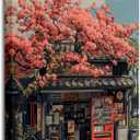 Japanese Cherry Blossom Canvas Wall Art,Vintage Convenience Store Painting Picture Wall Decor,Elegant Scenery Poster Print Artwork for Living Room Bedroom Office Home Decoration 16x24in