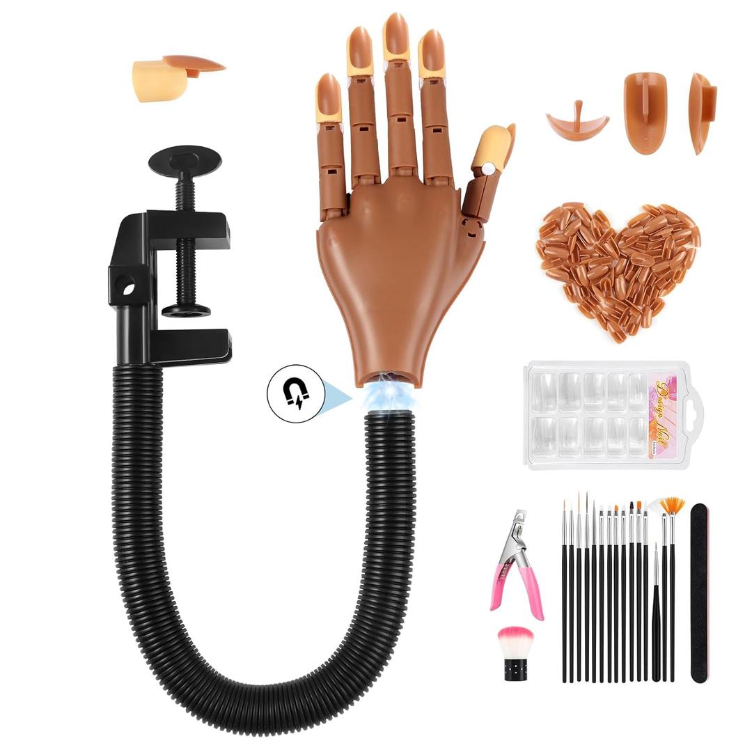 Adonafy Practice Hand for Acrylic Nails: Detachable Magnetic Practice Hand for DIY Nail Art - Realistic Flexible Fake Hand Manicure Training Finger at Home for Beginners (Brown-Set)