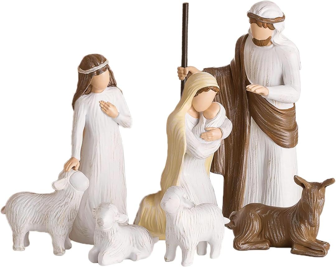 Nativity Scene Sets Figures Indoor: 7-Piece Resin Nativity Tabletop for Christmas - Family Holiday Decorations Collectibles Figurines Statue