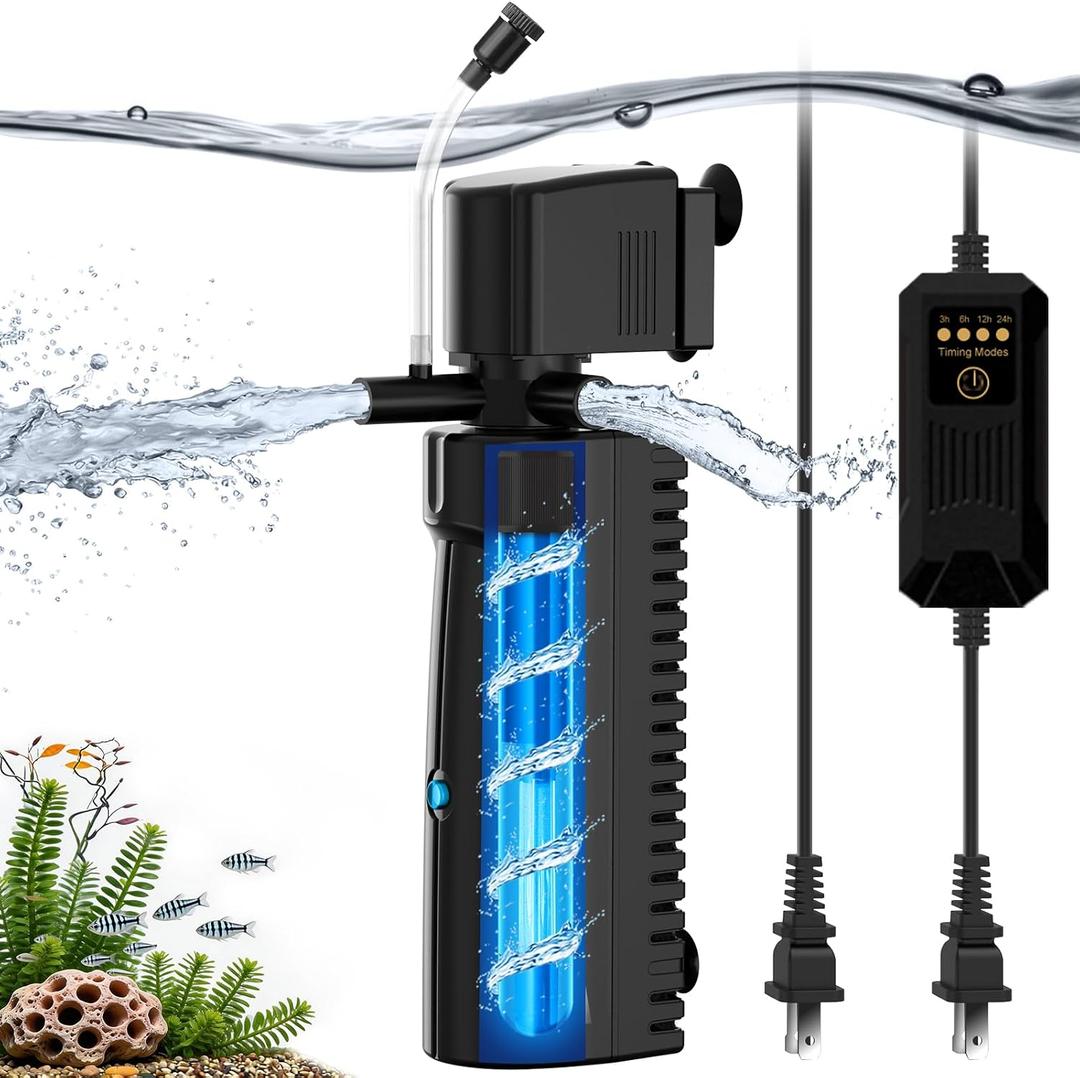 Aquarium U-V Filter for Green Water, Internal Fish Tank Filter with U-V Light & Timer, Turtle Tank Filter with Dual Outlet & Aeration, for 60-150 Gallon Freshwater & Saltwater