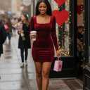 cailami Women's Sexy Bodycon Long Sleeve Velvet Elegant Mini Homecoming Party Dresses (Red, M)