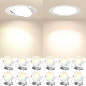 Amico 12 Pack 6 Inch Gimbal LED Recessed Lighting, 40 Tilt Adjustable Directional Canless Downlight, 2700K/3000K/3500K/4000K/5000K Selectable, Better Airtight, 15W 100W Eqv, 1100LM, ETL&FCC