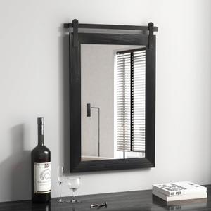 COGOOD Farmhouse Barn Door Mirror - 17 x 26 Rustic Wood Framed Wall Mirror for Bathroom, Living Room, Entryway Wall Decor (Black)
